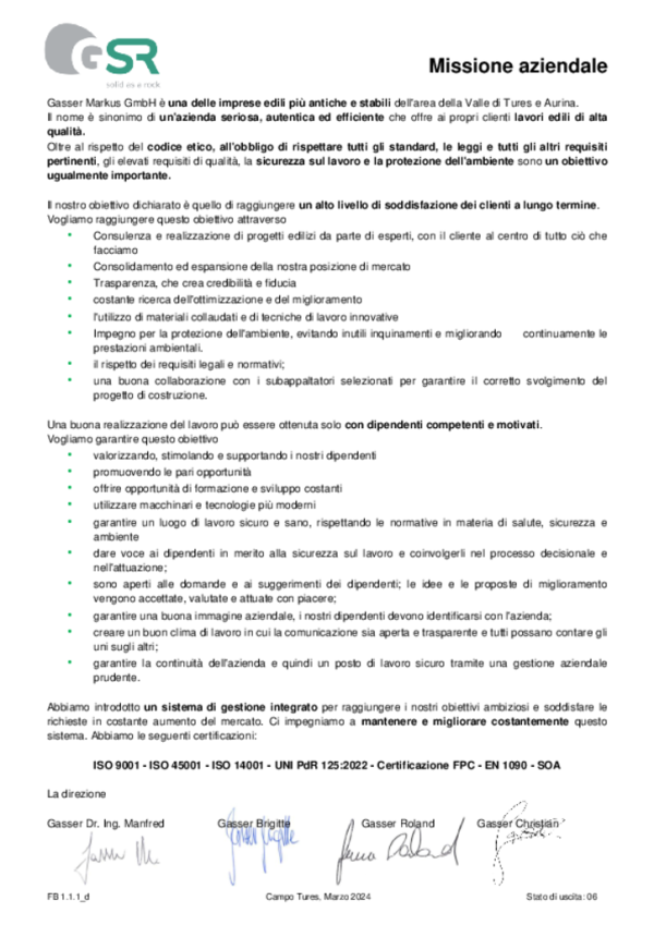 Dichiarazione di missione dell'azienda